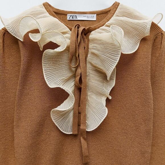 ZARA Knit Top with Ruffle Tie NWT | Brown Long Sleeve Contrast Collar M - Picture 15 of 16